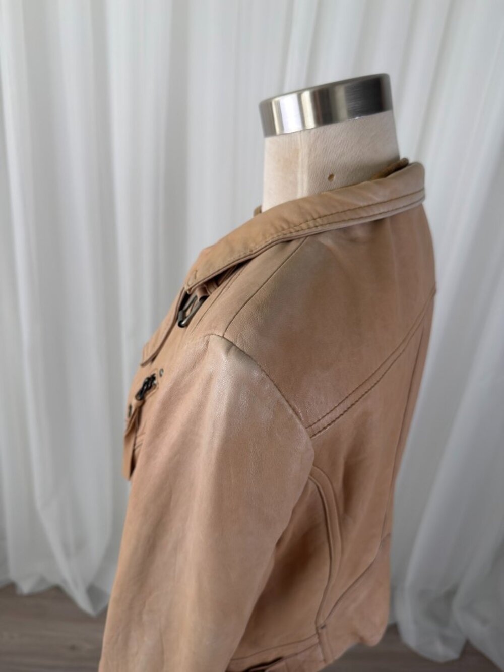 Tan Genuine Leather Biker Jacket Asymmetric Zip Moto Womens UK 8 US 4 MintVelvet - Picture 7 of 10